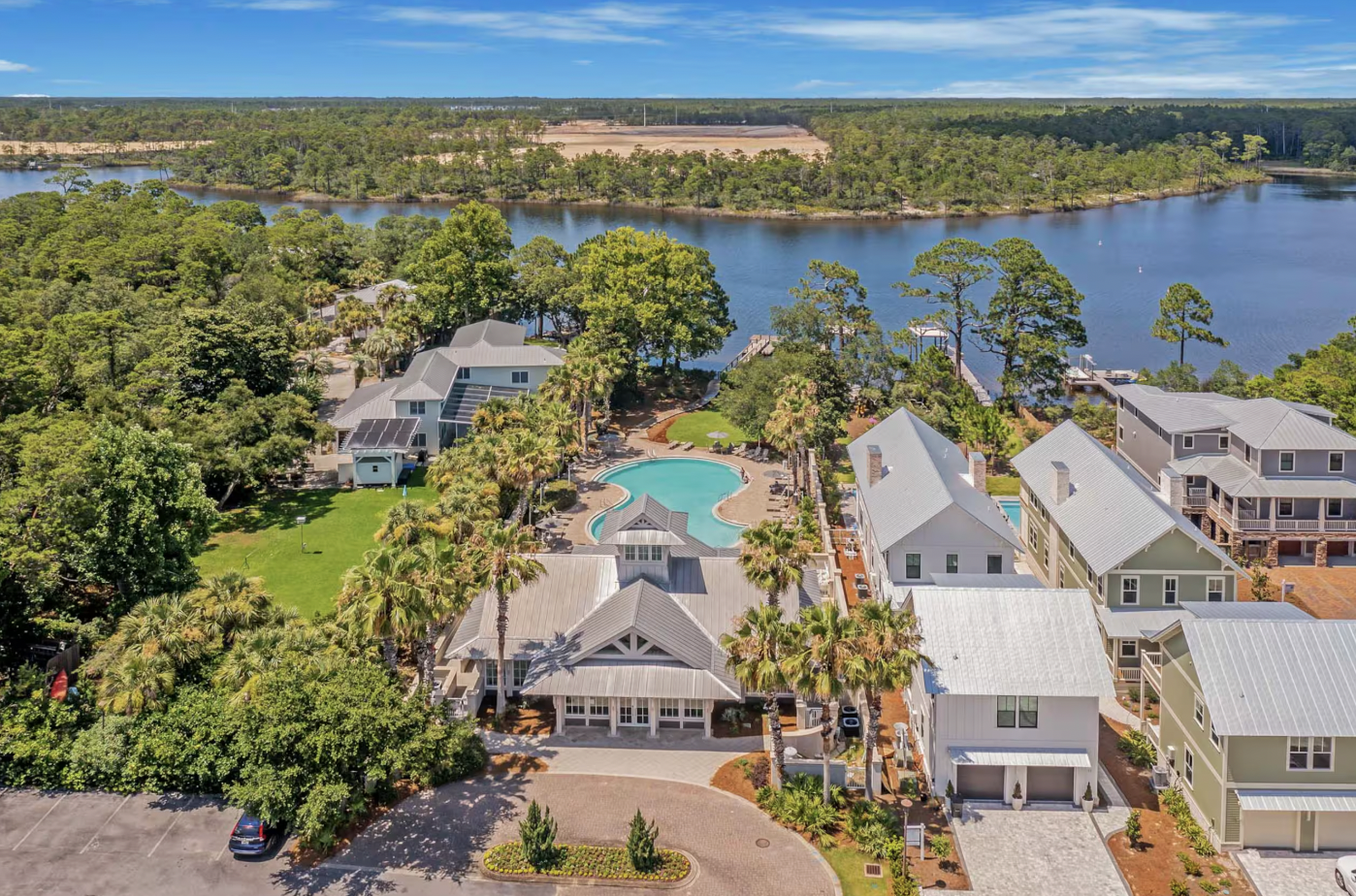 Aerial community view with lake and neighborhood